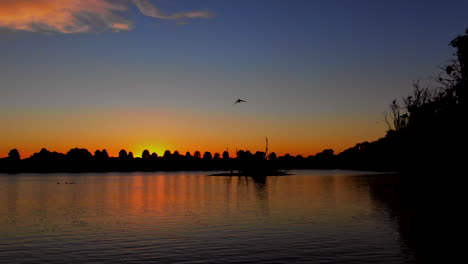 Silhouette of a bird flying over a lake in front of a brilliant Australian sunset.
