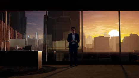 businessman in modern office at sunset