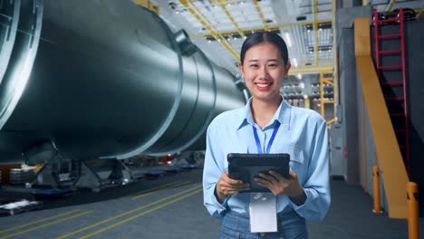 una mujer de negocios asiática usando una tableta y sonriendo a la cámara en una fábrica de fabricación de tubos