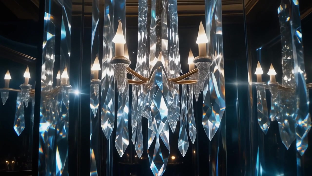 Lampadario di Cristallo Riflesso in una Stanza Scura a Specchio