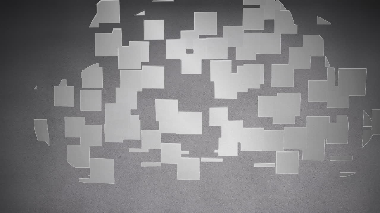 Animation of grey squares forming cloud icons on dark grey background