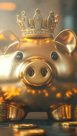 golden piggy bank surrounded by coins. a golden piggy bank with a crown stands proudly among scattered coins, symbolizing wealth and savings in a cozy setting.