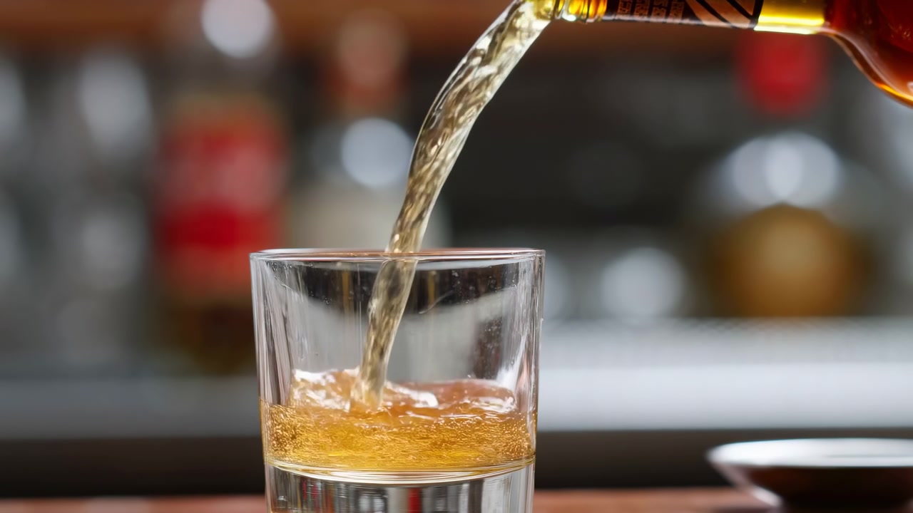 Primo piano di versamento di whisky ambrato su bicchiere, lenta cascata crea un vortice e una schiuma sottile, luci calde del bar con effetto bokeh.