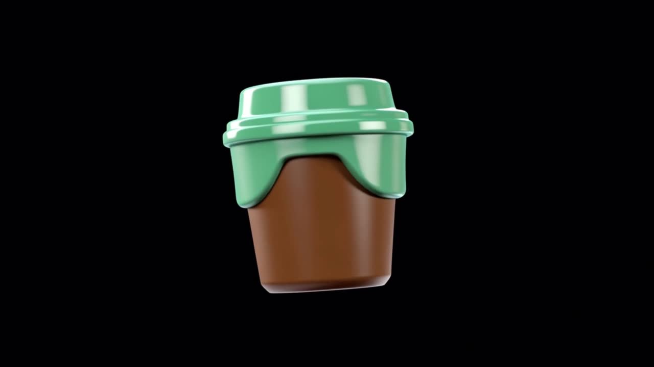 Tazza di caffè marrone e verde animata in 3D rotante su sfondo nero