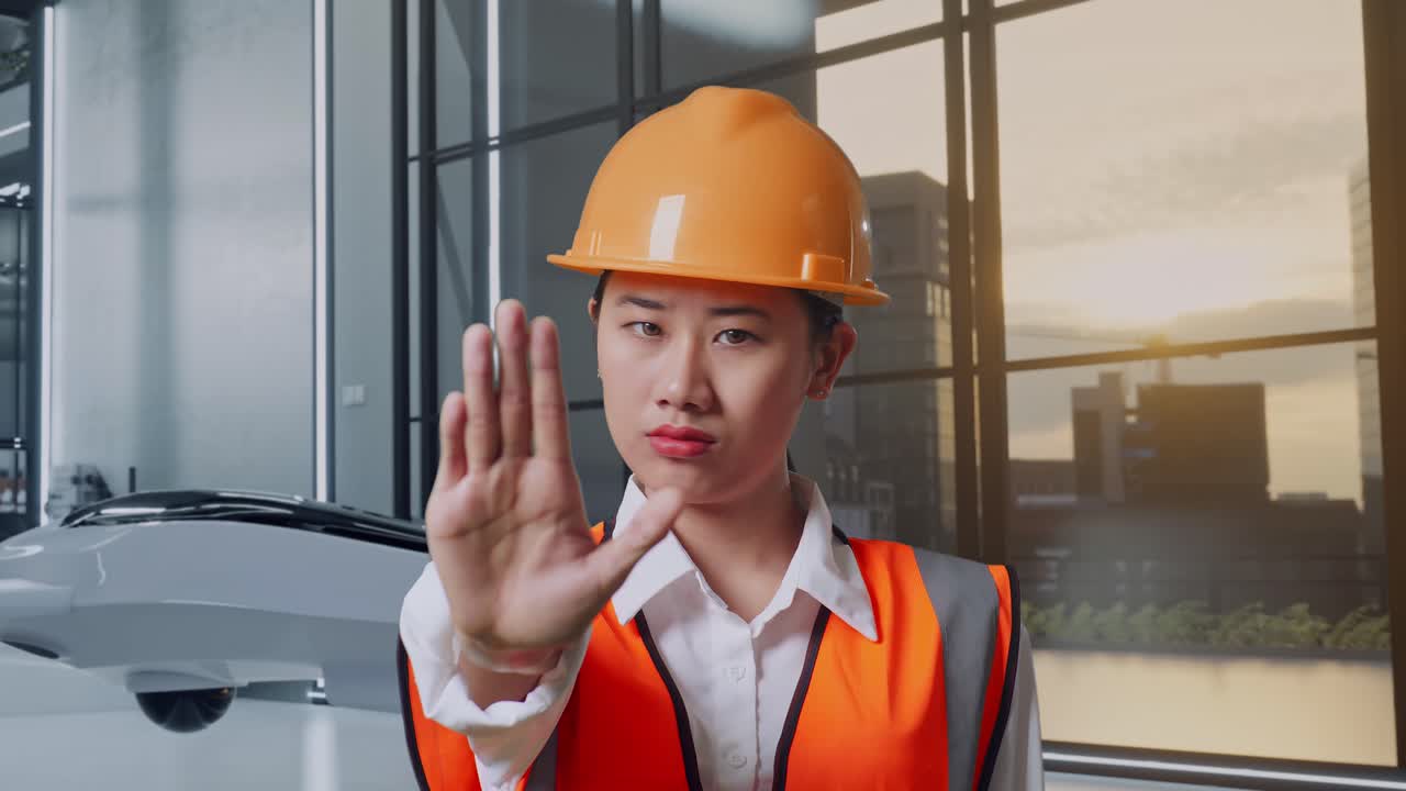 여자 건설 노동자 가 멈추기 신호 를 주고 있다