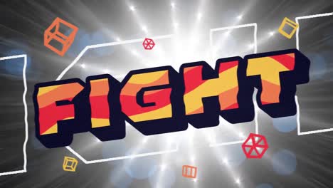 Animation-of-fight-text-in-red,-orange-and-yellow-letters-over-geometric-shapes-and-glowing