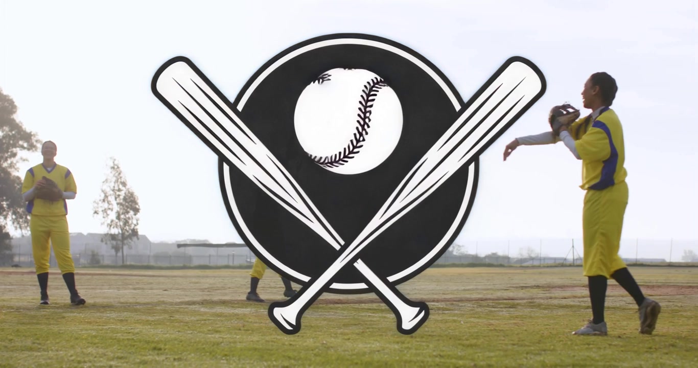Colegas de equipe de softball no campo recebendo um arremesso alto e executando um exercício no sentido horário com sobreposição de taco estilizado