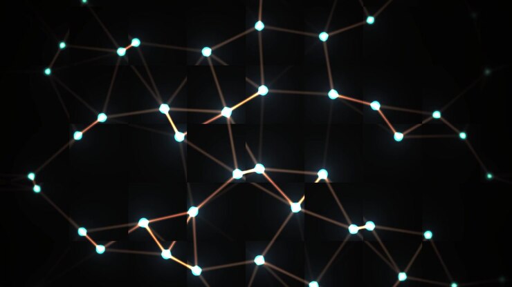 Rete digitale astratta con punti blu luminosi e linee di connessione