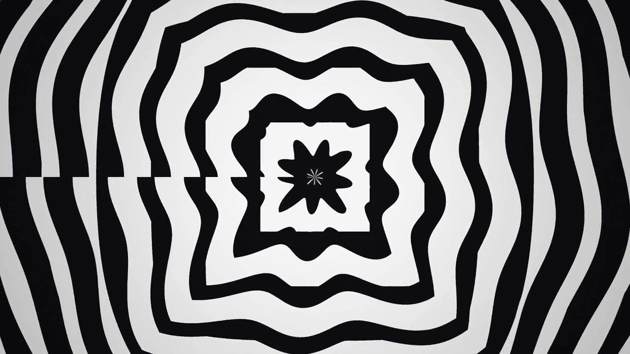 Motivi ondulati in bianco e nero formano una scena visiva dinamica. Gli strati di forme interagiscono in modo ritmico, creando un senso di movimento e profondità in un design semplice