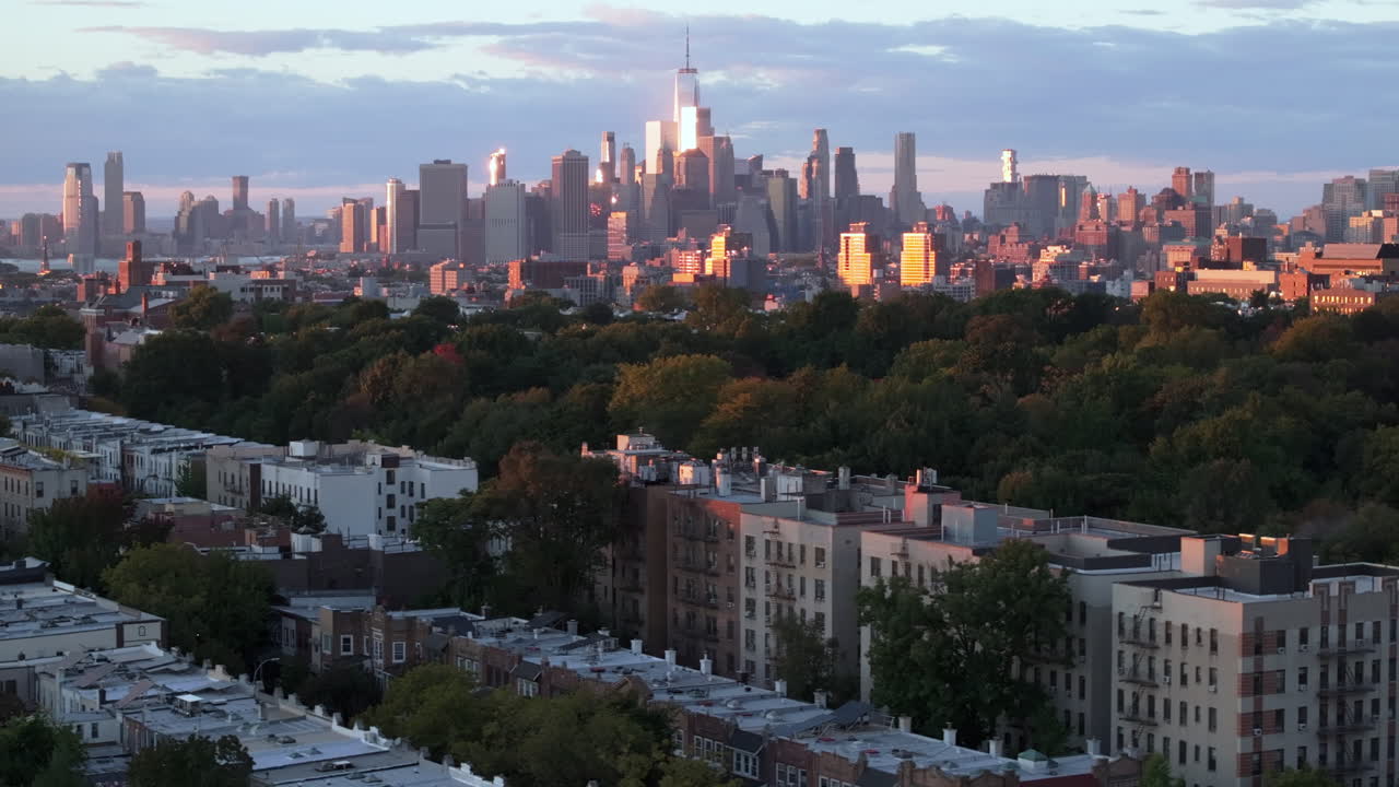 Drone footage of New York City at sunset. Shot in Brooklyn looking towards Midtown Manhattan.