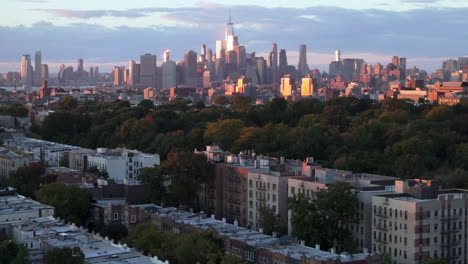 drone footage of new york city at sunset. shot in brooklyn looking towards midtown manhattan.