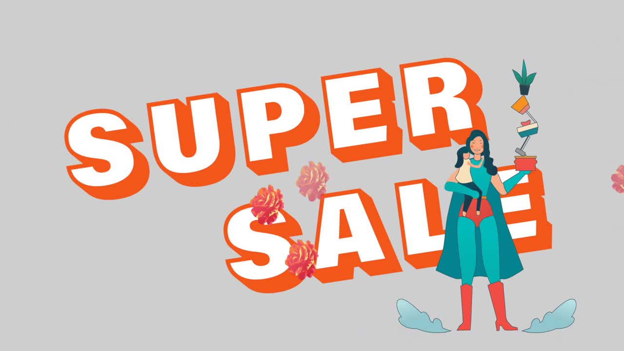 슈퍼히어로 엄마와 슈퍼 세일 텍스트의 애니메이션 꽃이 최면 운동으로 움직입니다.