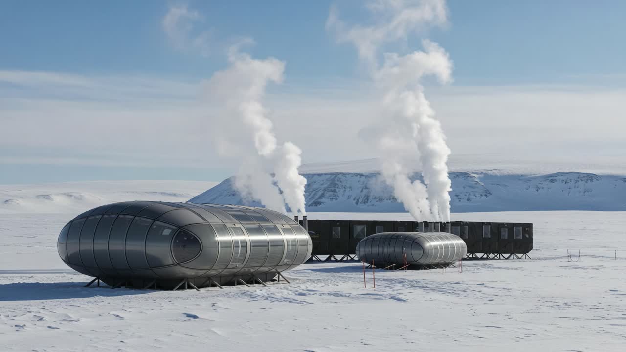 Modern Futuristic Structures in a Snowy Landscape with Steam Emissions: A Breathtaking View of Innovative Architecture Amidst a Winter Wonderland