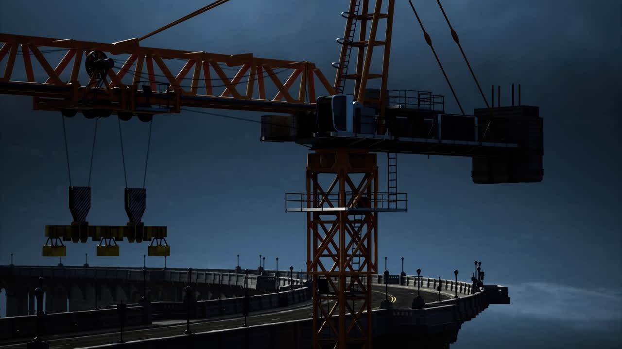 Construction crane operates above a city under a dramatic sky at dusk