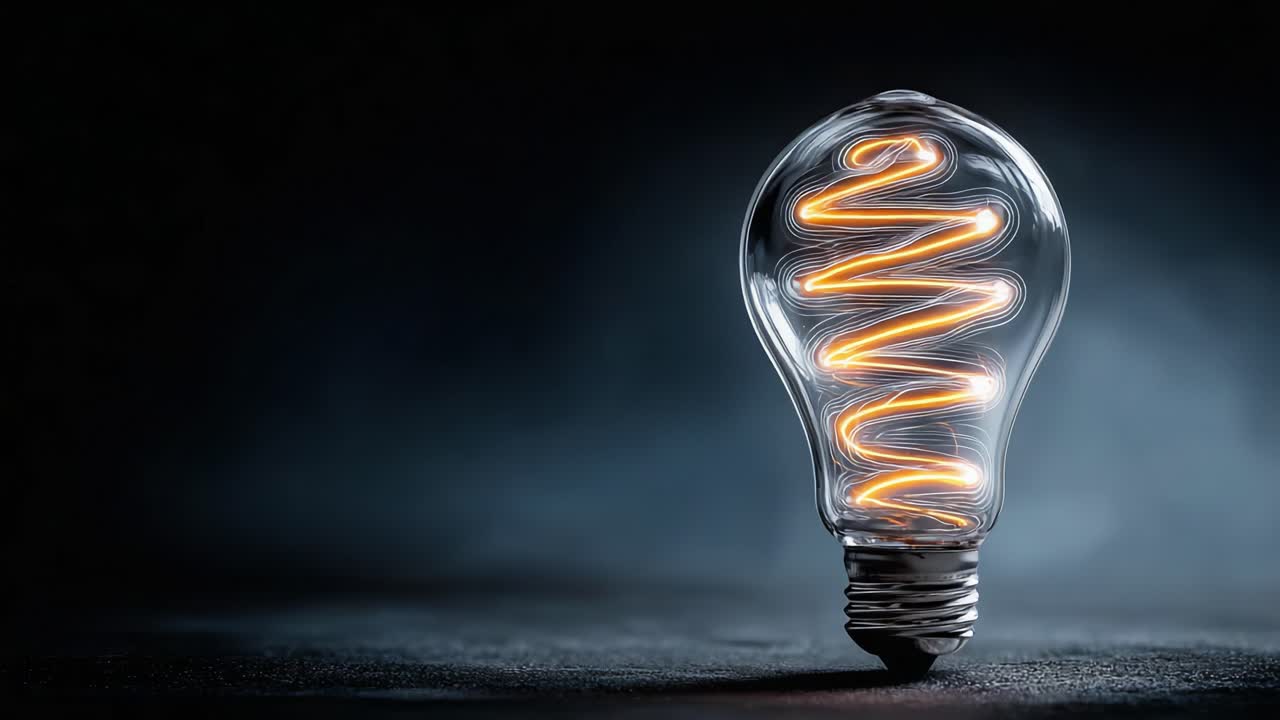 Captivating Glow: A Close-Up View of a Unique Light Bulb with Spiral Filament Emitting Warm Illumination in a Dark Setting, Showcasing Modern Design and Energy Efficiency