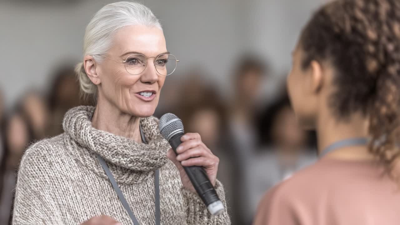 Conversazione coinvolgente: una donna anziana ispira il suo pubblico con una discussione approfondita e crea una connessione a un incontro professionale.