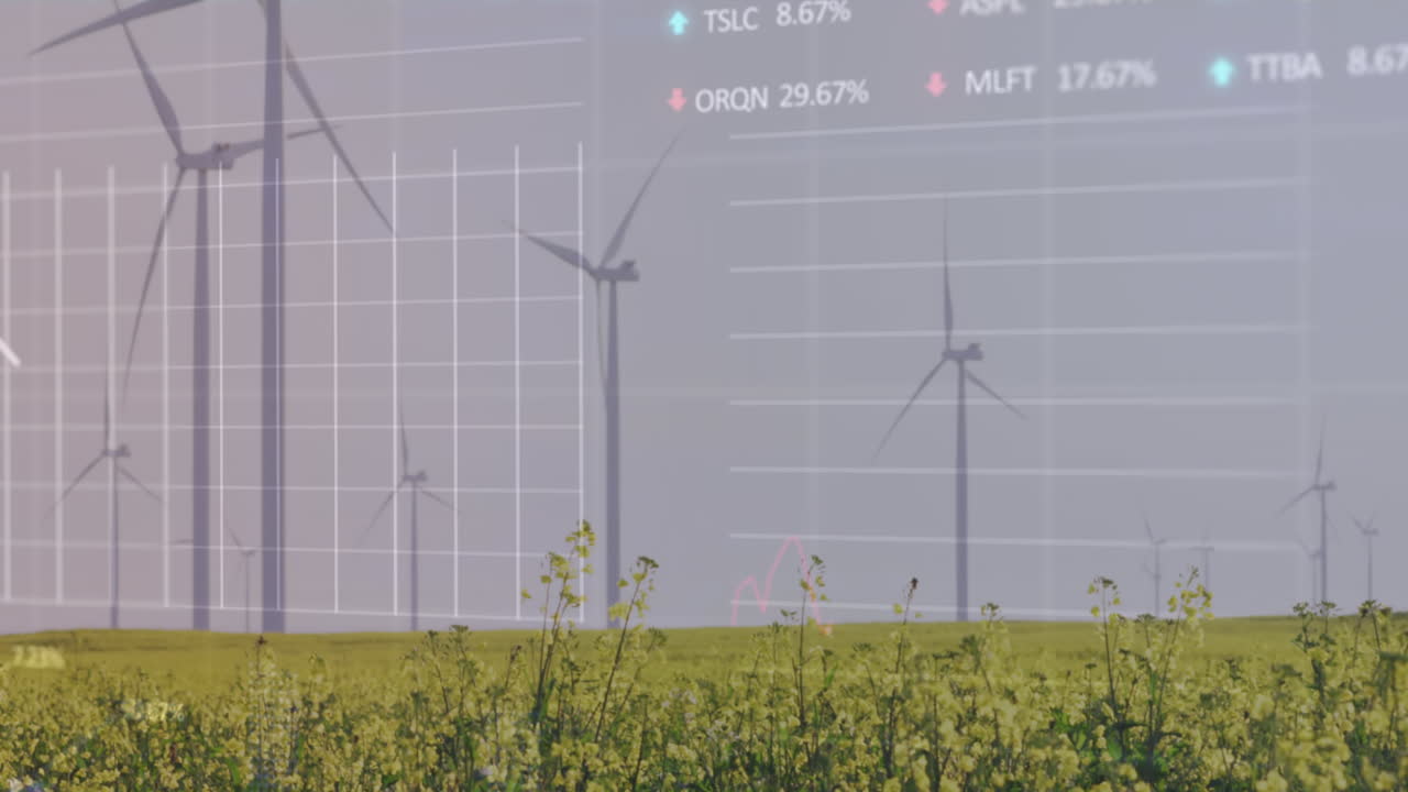 그래프의 애니메이션, 거래 보드 및 로딩 서클, 은 하늘에 대 한 녹색 필드에서 풍차