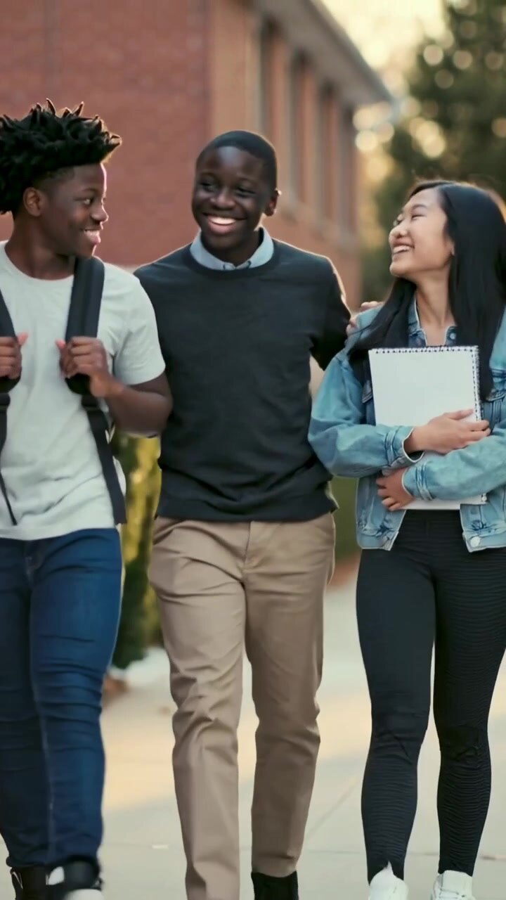 Vertical video: Walking three teens heading to class on campus path with backpack and notebook
