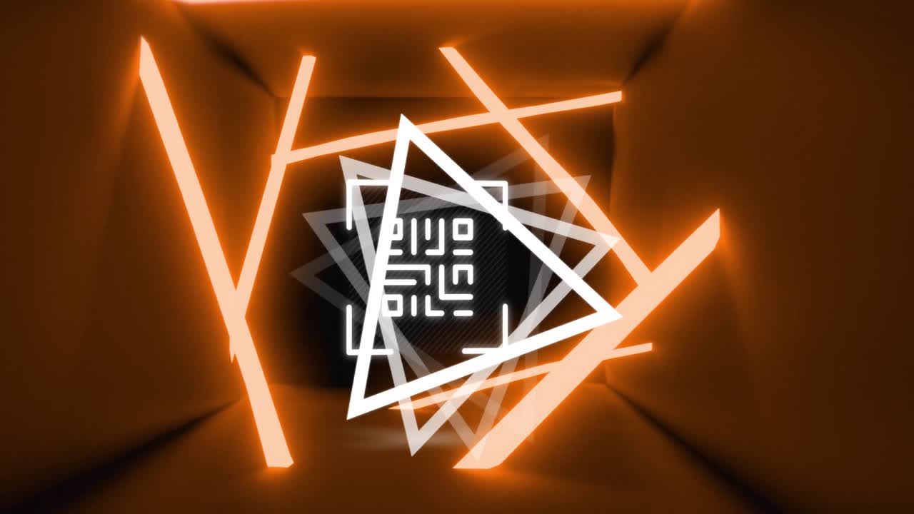 animación de un código qr brillante sobre formas geométricas de neón