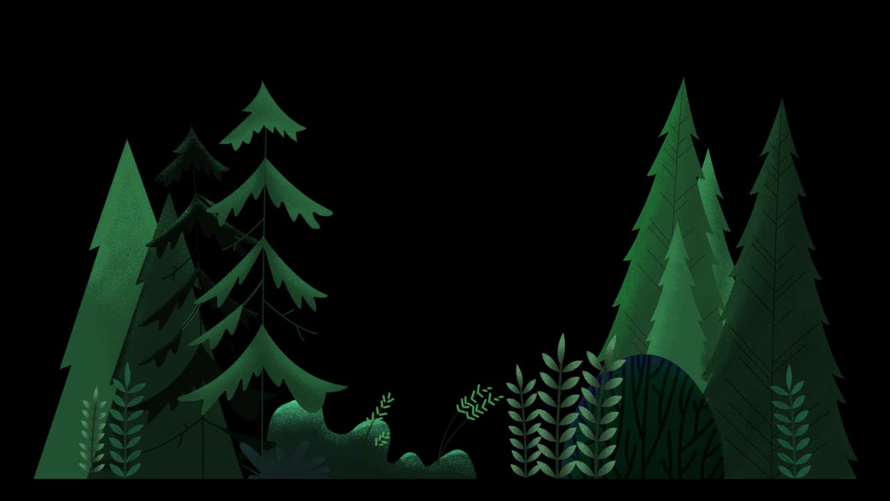 끊임없는 루프: 상록 나무, 풀, 덤불의 그룹이 바람에 흔들리고, 푸른 빛의 날.