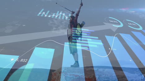 animación de procesamiento de datos financieros sobre hombre caucásico caminando en las montañas