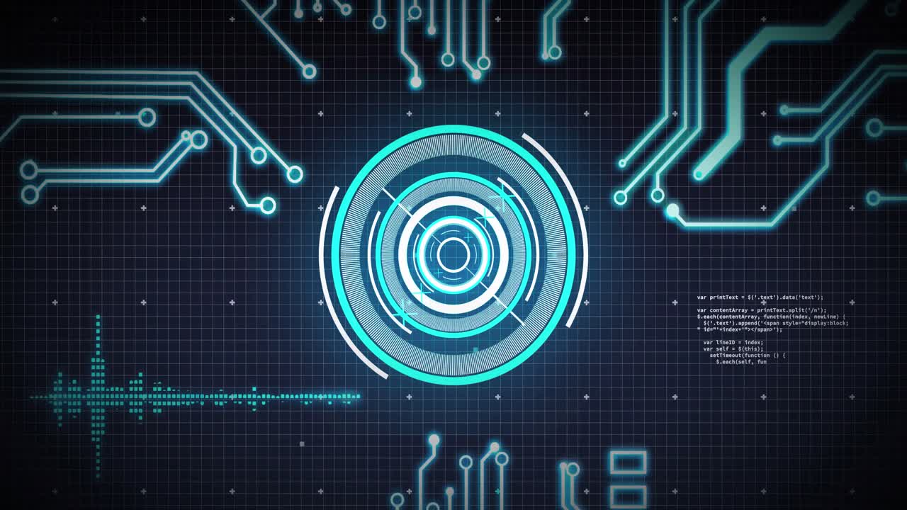 Animation of scope scanning, processor elements and data processing over grid