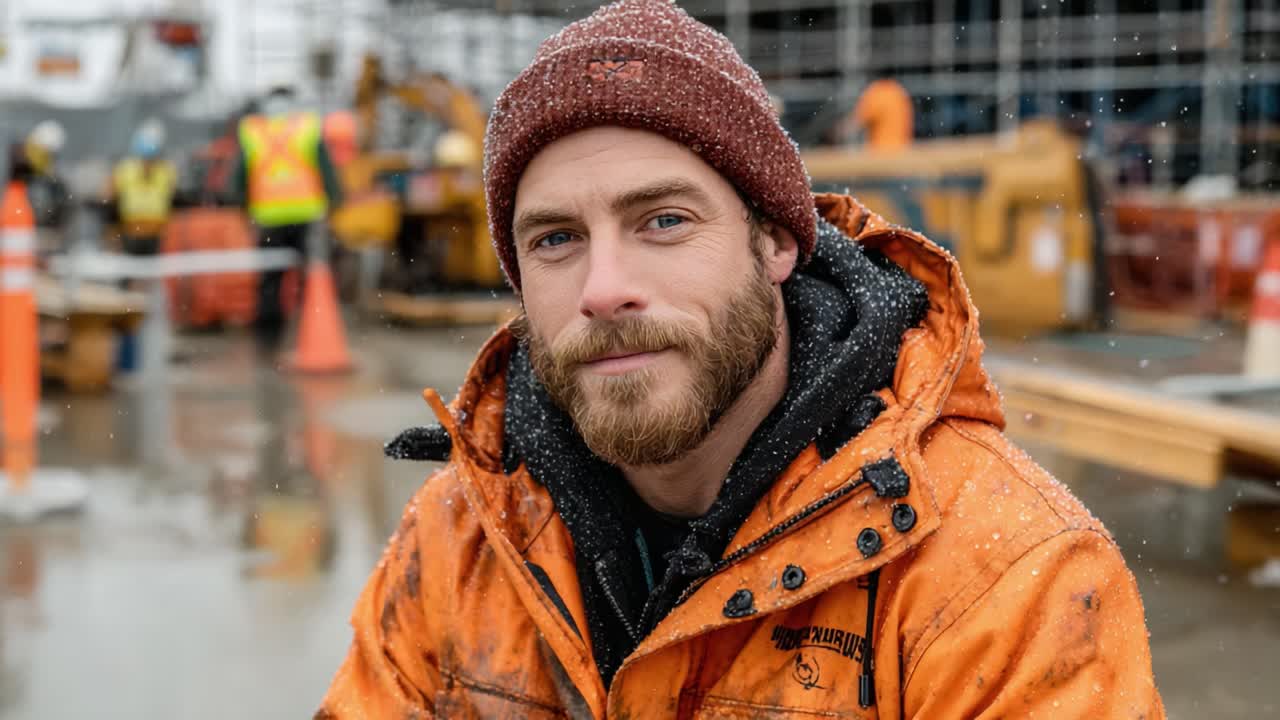 A resilient construction worker braving the snow, showcasing determination and skill in a challenging work environment amidst bustling activity in the background