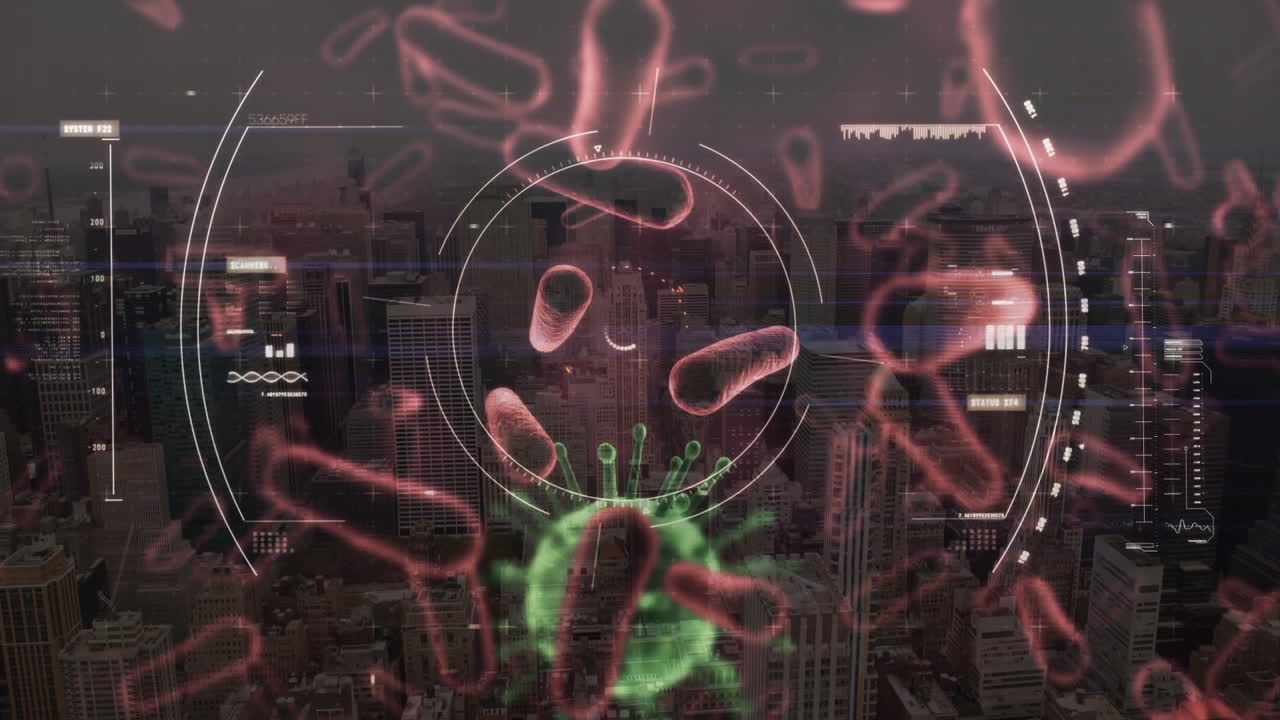 animación del virus de la corona verde con procesamiento de datos