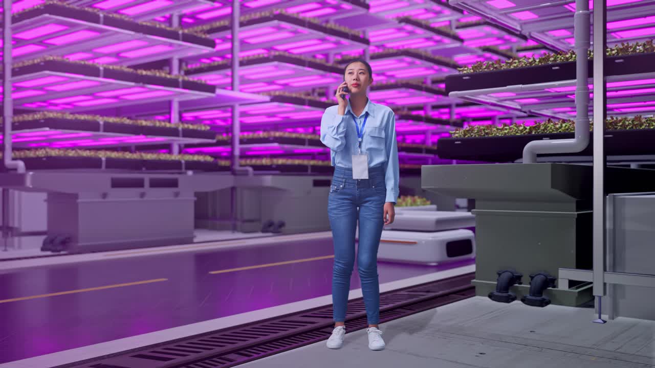 mujer hablando por teléfono en una granja vertical