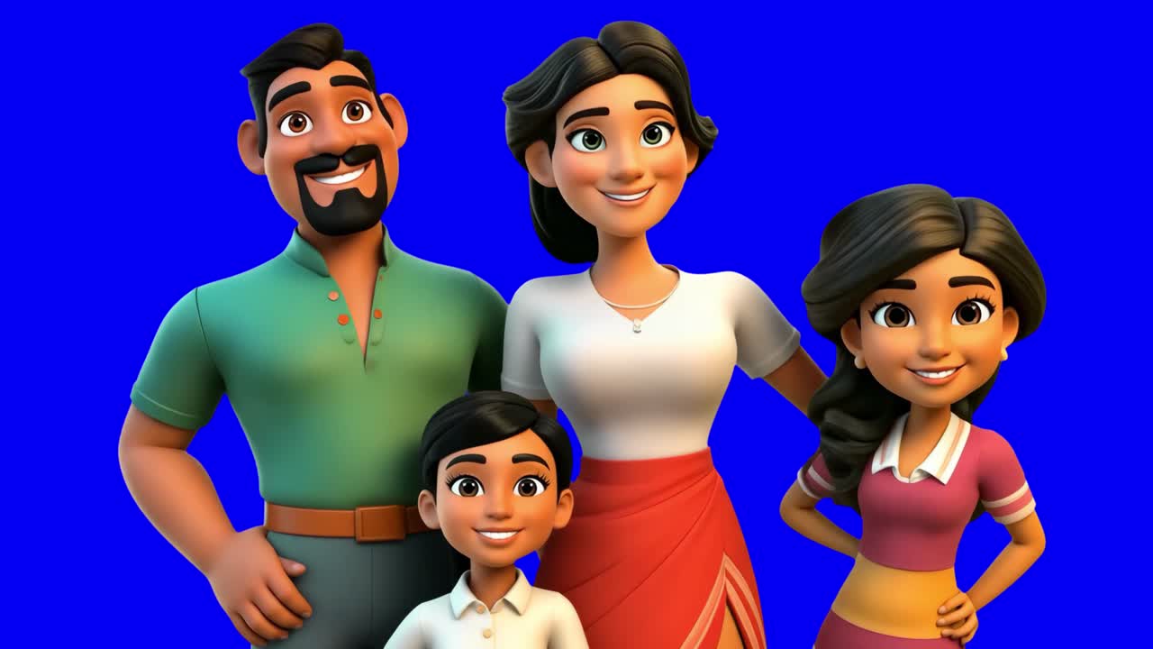 Animated family portrait smiling animation, transparent 4K video, green screen