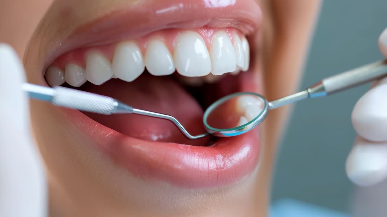Close-up video angle of a dental check-up, showcasing clean teeth and dental tools