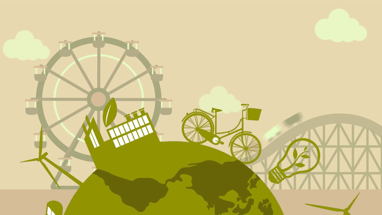 animación del globo verde sobre el parque de atracciones