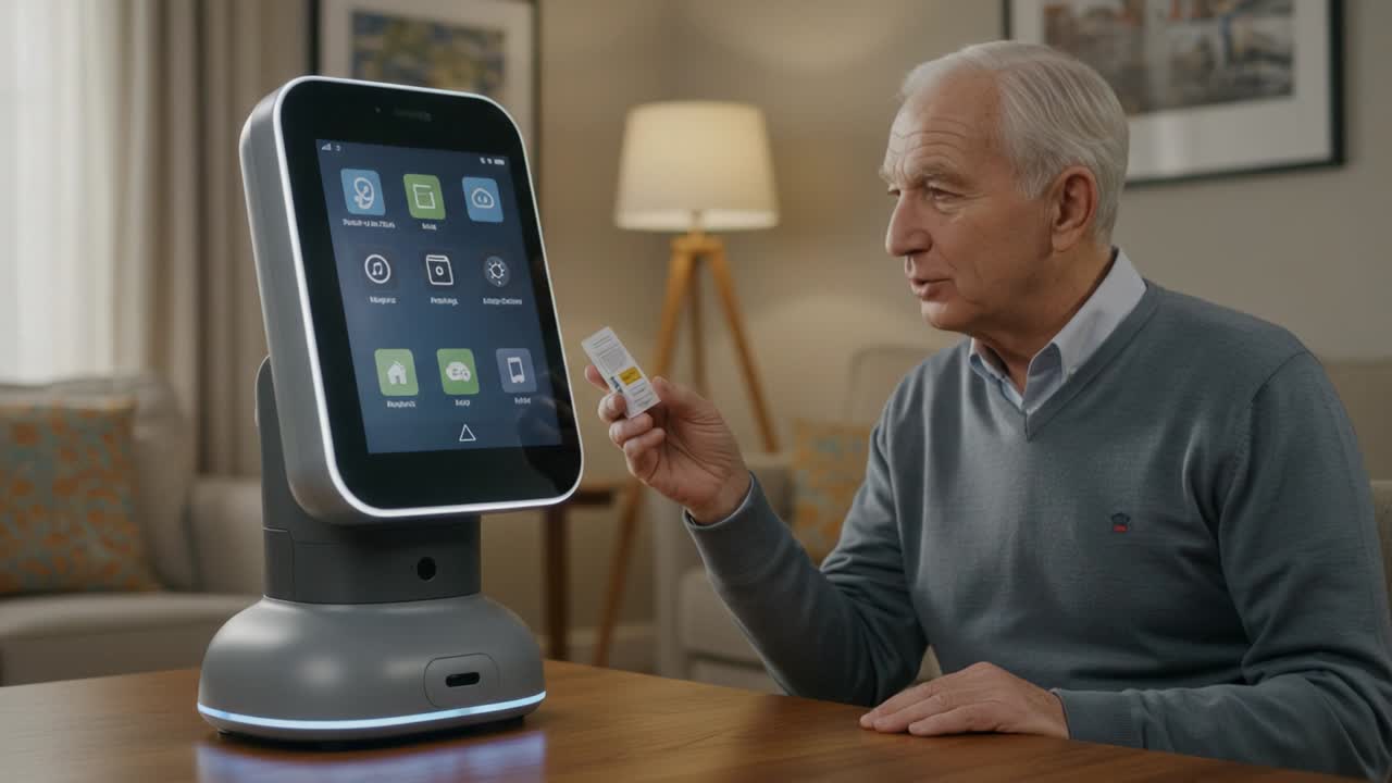 A Geriatric Individual Engaging with a Smart Robot Interface, Showcasing Modern Technology and Personalized Interaction in a Cozy Living Room Setting