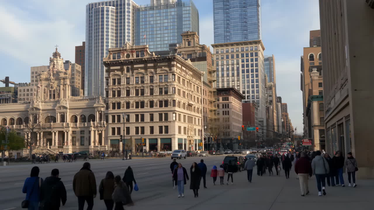 Busy City Street Scene with Pedestrians and Architecture