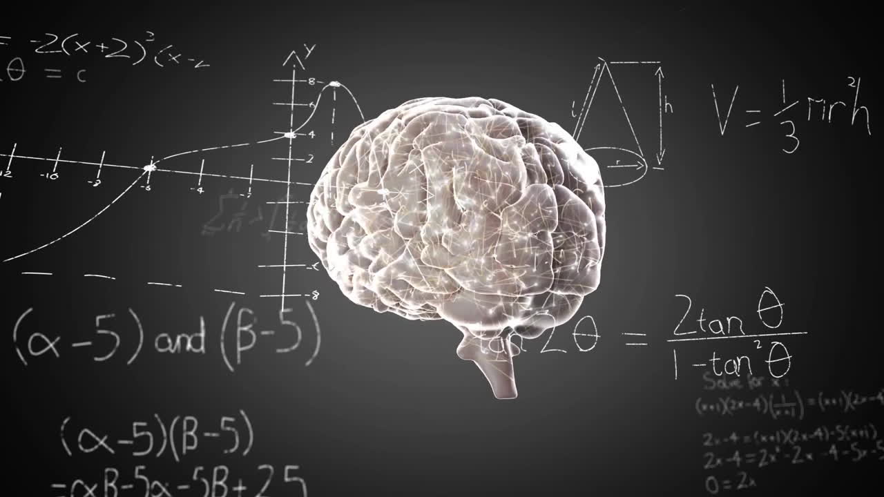Animation of brain with mathematical equations and graphs on dark background
