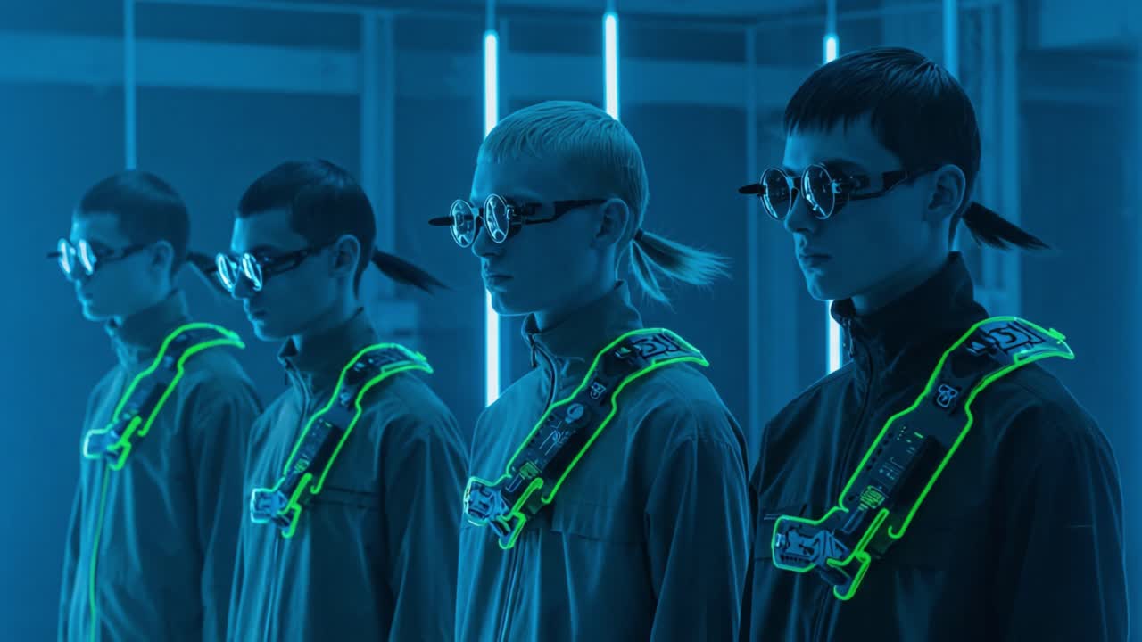 Futuristic Fashion Showcase: A Striking Display of Modern Aesthetics Featuring Individuals with Unique Hairstyles, Dynamic Accessories, and Vibrant Neon Accents in an Innovative Setting