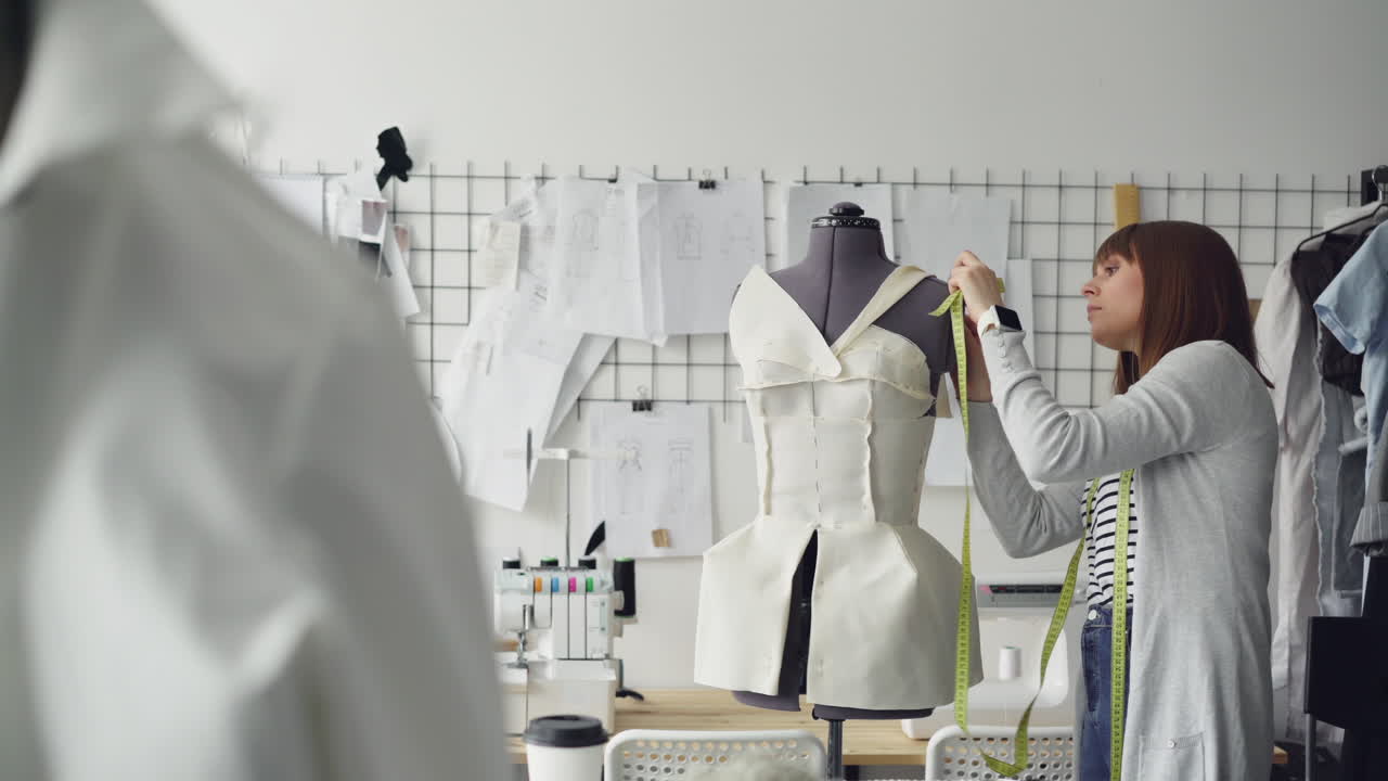 Fashion Designer Measuring Dress Pattern on Dress Form