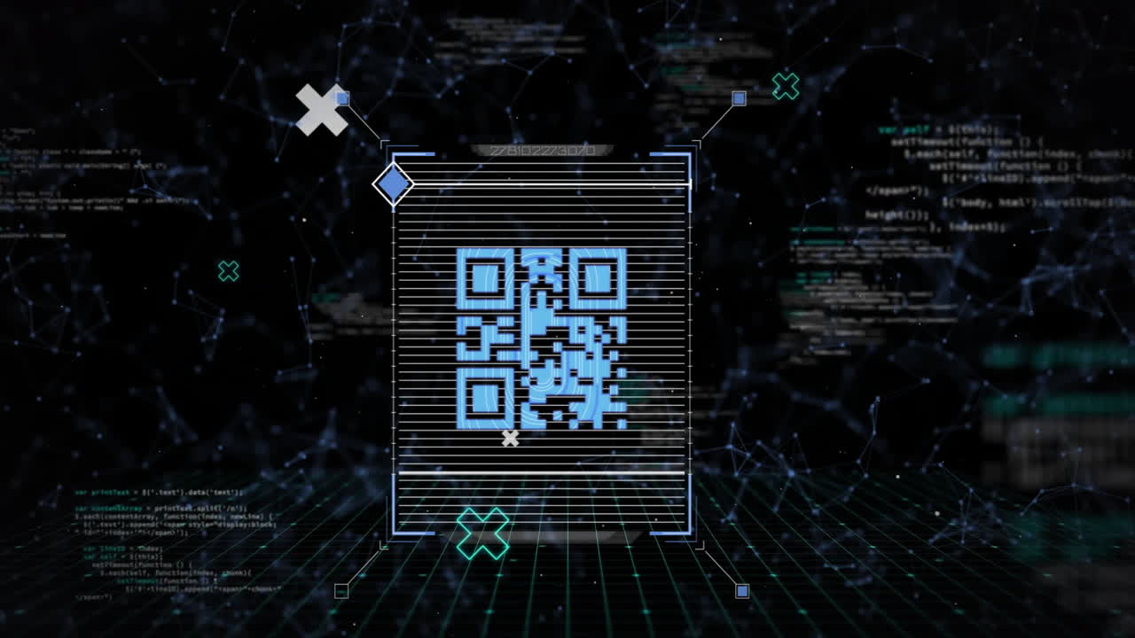 Animation of qr code and digital data processing over scanner
