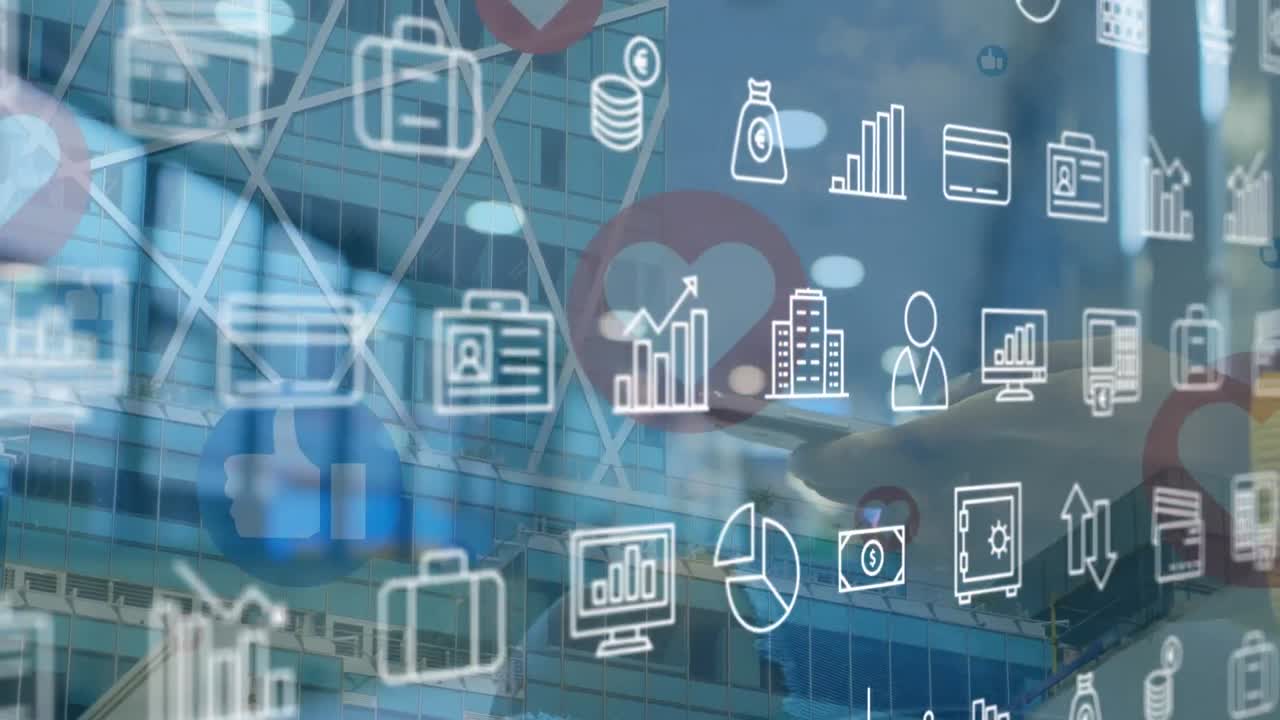 animación de iconos sobre las manos de una mujer biracial usando teléfono inteligente y paisaje urbano