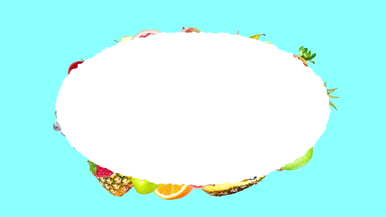 animación creativa de stop motion de muchas frutas diferentes que vuelan desde el centro y se detienen alrededor de un hermoso marco ovalado con lugar para el texto. explosión de frutas en un fondo azul de verano.