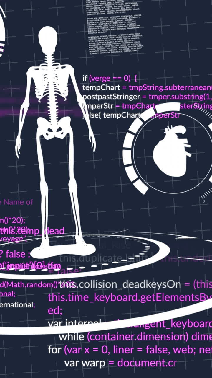animación del procesamiento de datos y el esqueleto sobre fondo negro