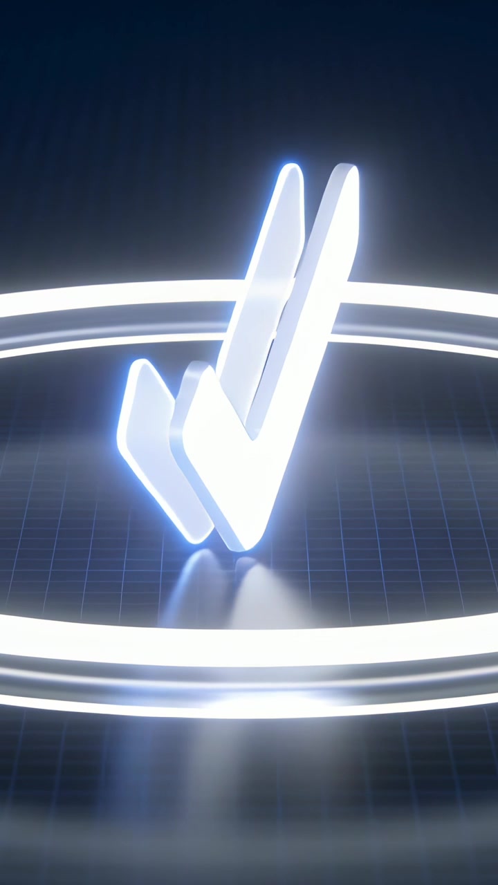 Vertical video: Sweep starting, 3D checkmark rotating, tilting on grid rings pulsing, showing depth