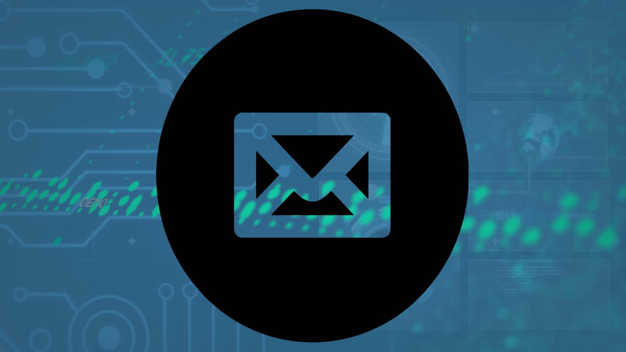 Animation of message icon over interface with data processing against blue background