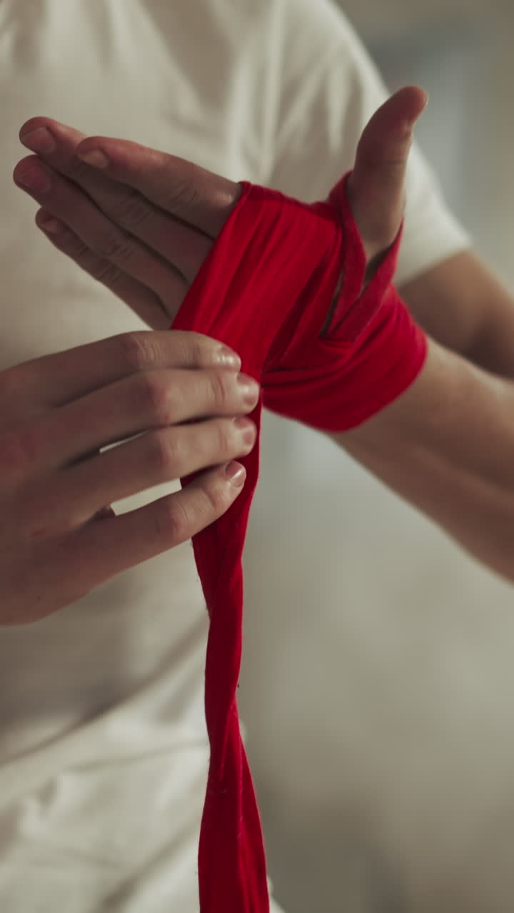 boxeador cubre la mano con envoltura para boxear en el gimnasio de primer plano. joven atleta aplica vendaje protector para las palmas en el club de combate en cámara lenta. pasatiempo activo
