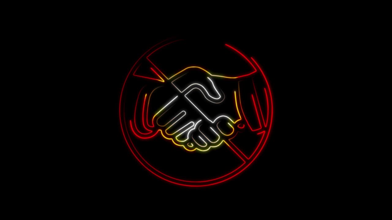 네온 라인: 검은색 배경에 분리 된 손잡이 아이콘이 없습니다. 바이러스 예방 개념을위한 손잡이가 없습니다. 손을 흔들 때 박테리아. 4k 비디오 모션 그래픽 애니메이션.