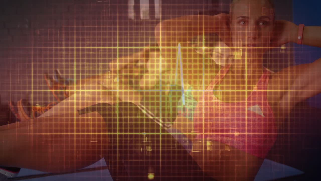 Woman repeating crunches, grid and gold data sweeping across torso, highlighting fitness metrics