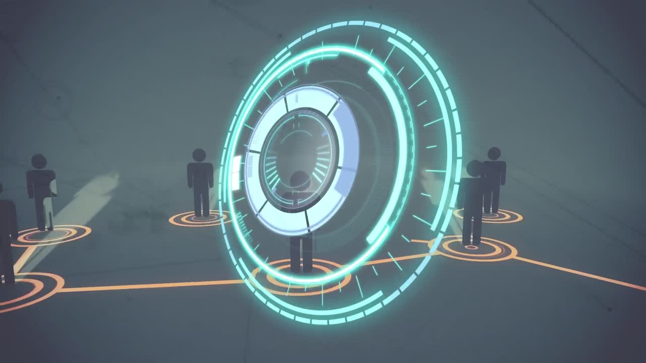 Digital animation af neonrund scanner mod et netværk af ikoner for forretningsfolk