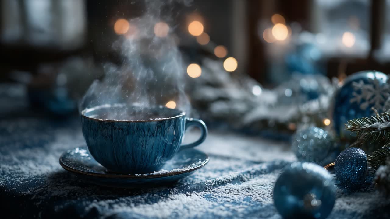 A Serene Winter Scene Featuring a Steaming Blue Cup of Coffee Surrounded by Festive Ornaments and Soft, Flickering Lights Capturing the Essence of Cozy Moments
