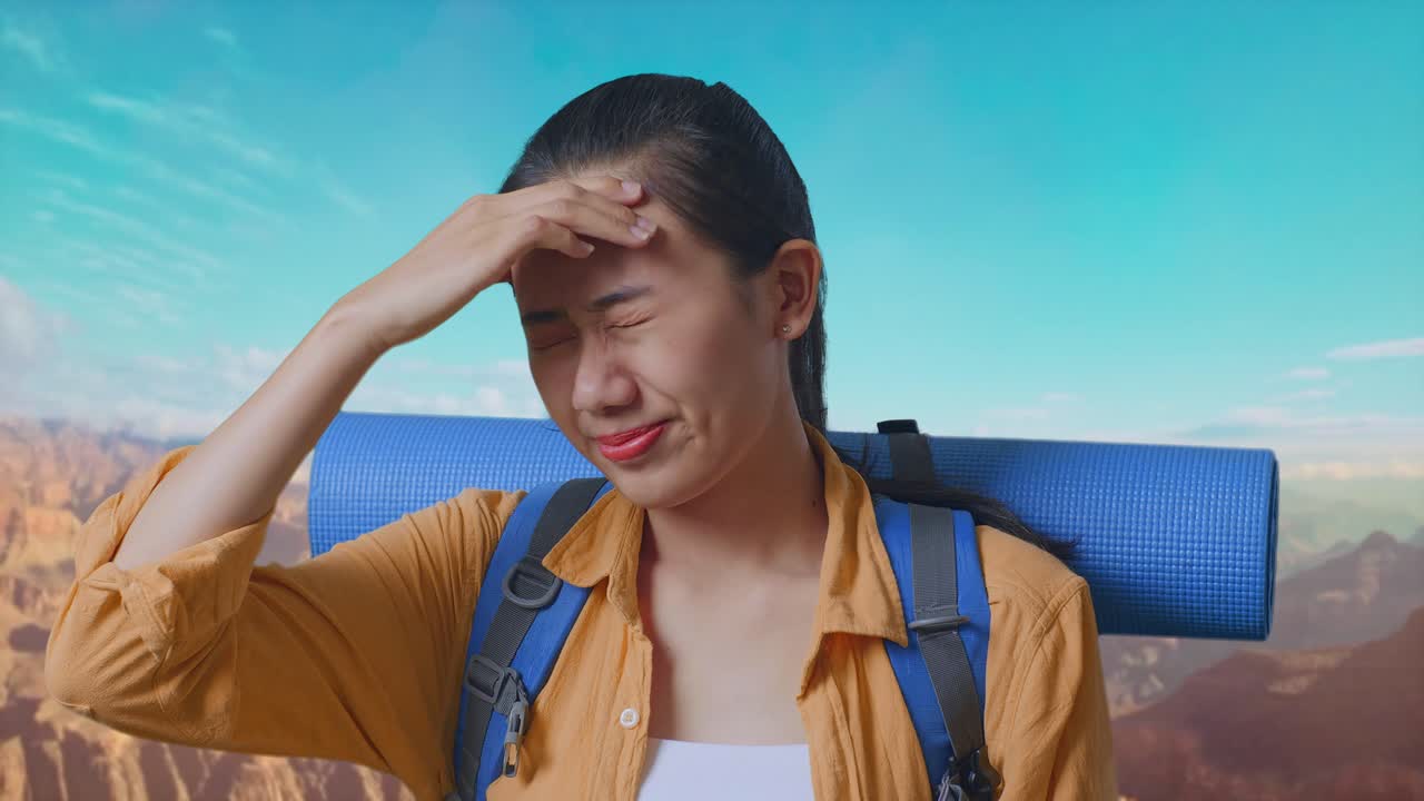 Close Up Of Asian Female Hiker With Mountaineering Backpack Having A Headache While Traveling At The Top Of Mountain