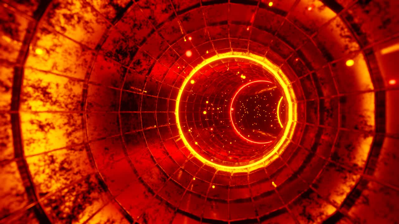 4K seamless loop motion graphics of flying into swirl circle red digital tunnel with moving particles. 3D render animation. Sci-fi, VFX, Hadron Collider motion background